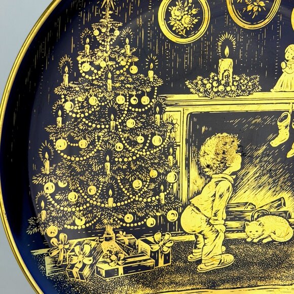 1975 Lindner Cobalt “Christmas Cheer” 24K Gold Collector Plate H.H. Lihs Germany - Picture 3 of 10